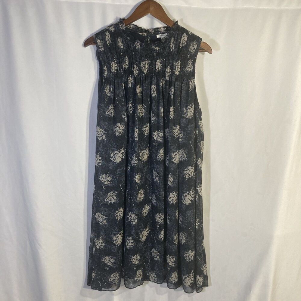 JOIE blue gray white batik ruffled high neck sleeveless semi sheer dress XXL